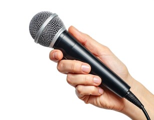 Hand grips a sleek black microphone with a silver grille, cord trailing, isolated against clean white background