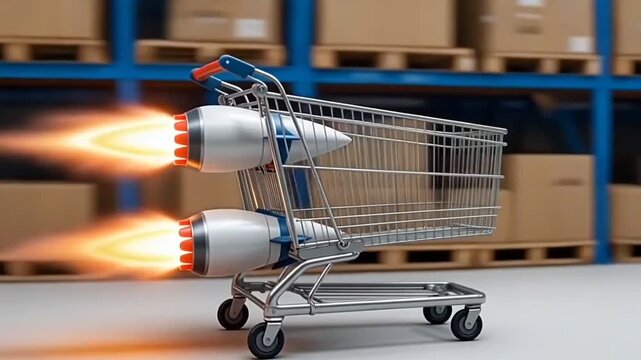 Surreal Shopping Cart with Jet Rocket Engines Speeding in Warehouse &ndash; Fast Delivery Concept