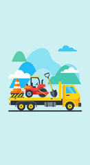 Fototapeta premium Construction Vehicle Transported On A Flatbed Truck With Mountains Background