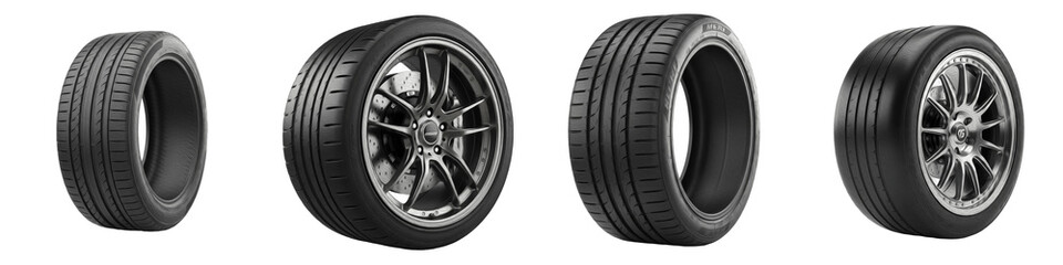 Obraz premium Set of High-Performance Car Tires and Sport Alloy Wheels PNG