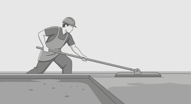 Construction Worker Skillfully Leveling Concrete Surface With Trowel Tool