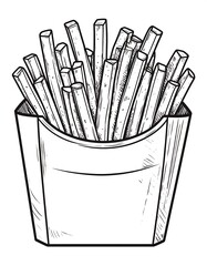 Hand-drawn illustration of french fries in a carton box, depicted in black and white with simple shading