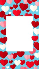 Heart frame Red, pink, and white hearts on a light blue backdrop surround a white center rectangle