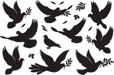 Obraz premium Vector black dove silhouettes with olive branches, flying and standing birds, peace symbol set isolated on white