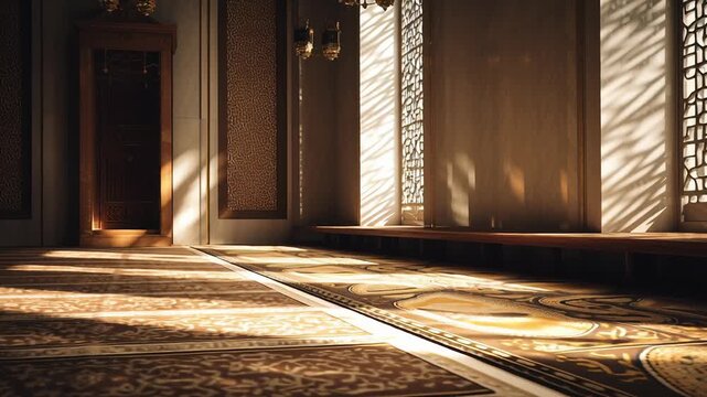 Mosque interior during prayer time, empty prayer space with patterned carpet, gentle light and shadows, calm spiritual mood, uncluttered composition, clean visual