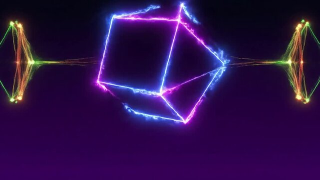 Intersecting Luminous Planes Straight-on perspective into a tunnel of glowing, transparent geometric planes that constantly intersect, rotate, and reform, guiding the eye forward in a static frame.