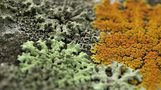 Raindrops on Lichen Crust Close-up, slow-motion capture of dew or light rain interacting with the lichen surface.