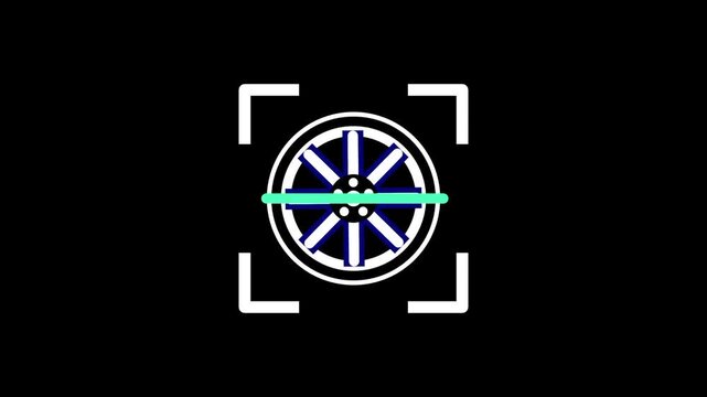 The white spoke wheel or geometric circular pattern is being analyzed by the scanning sensor to represent mechanical parts or a symbolic wheel of progress within a digital computer program