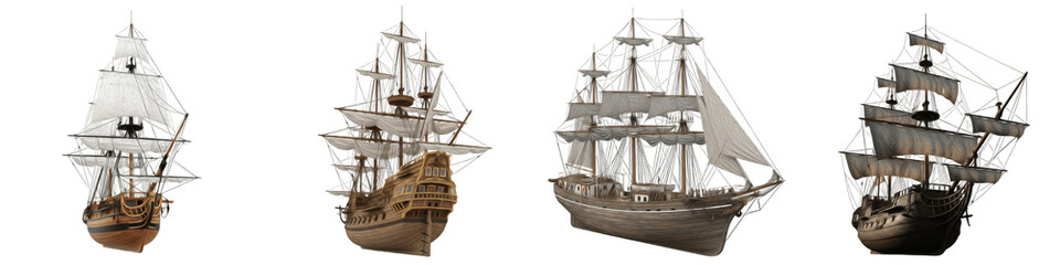 Fototapeta premium Collection of Vintage Wooden Sailing Ships Isolated on White Background
