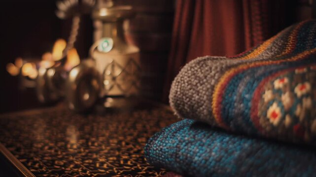Three blankets stacked on top of each other, one of which is blue. Cozy colorful winter evening at home, layered textiles, rich tones, modern interior design,  lifestyle