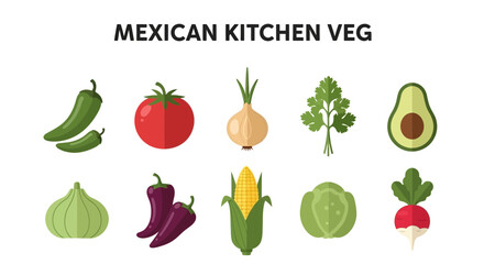 Topdown illustration of ten Mexican kitchen vegetables on a white background