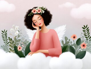 Fototapeta premium Angel girl sleeping on clouds enjoying peaceful rest