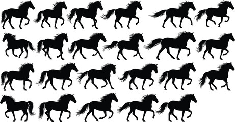 Black and white horse silhouette pattern collection with running and trotting poses, dynamic equine vector illustration isolated on white background