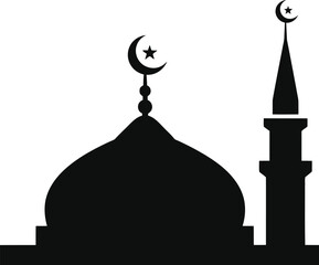 Mosque silhouette with crescent moon and star