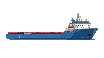 Long blue cargo ship is designed for transporting heavy goods across the ocean in international trade and commerce.