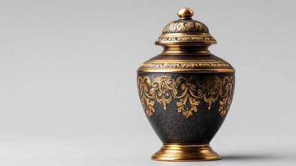 A decorative urn with intricate gold and black designs on a white background.
