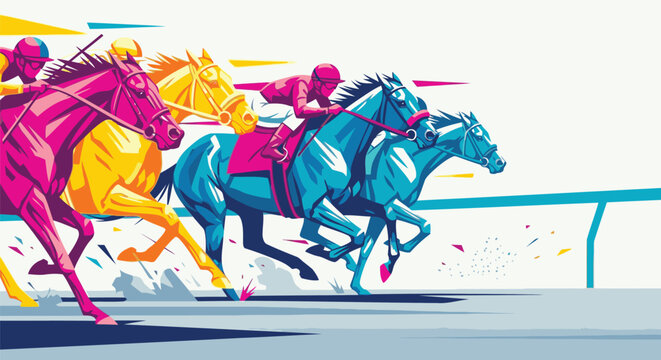 Vibrant horses and jockeys racing on track with dynamic colorful motion