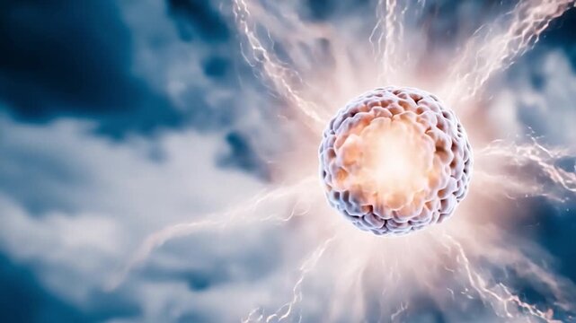 Cell Energy: Depicting a microscopic cell illuminated by powerful energy bolts.