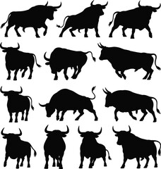 Collection of black bull silhouettes in dynamic poses, powerful cattle icons isolated on white background, animal strength, farm livestock, ranch symbolism, aggressive motion illustration