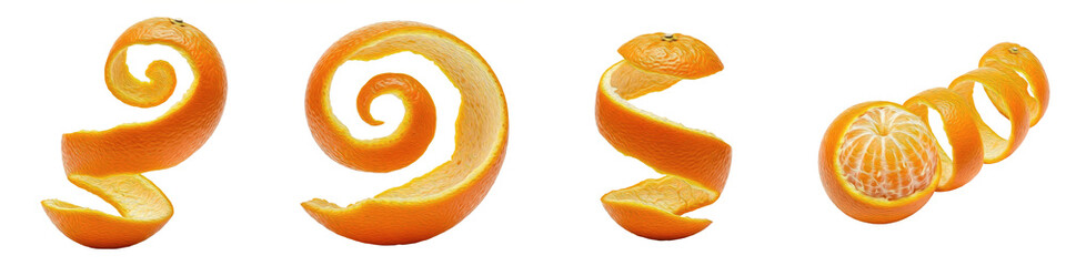 Set of orange fruit peels in spiral shapes, creative citrus zest curls and twisted orange skin isolated on white background.