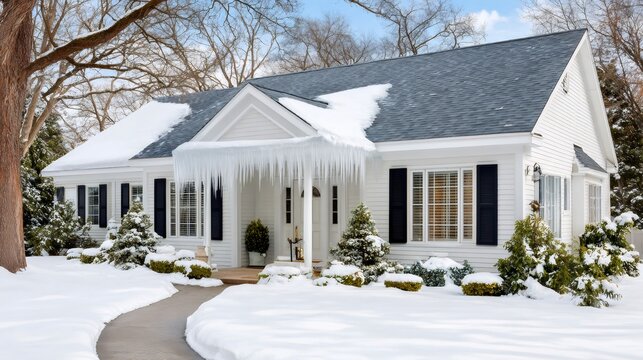 White house covered in snow with long icicles