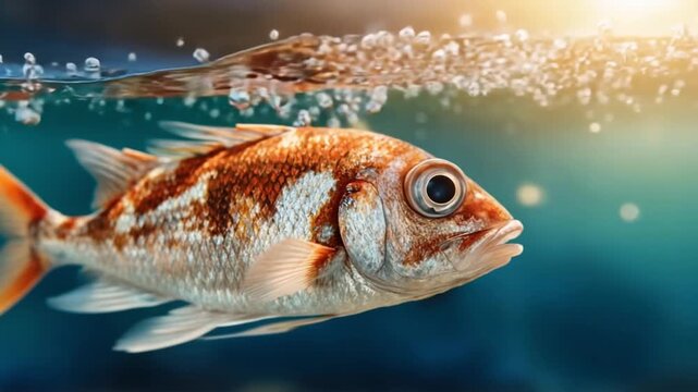 Underwater Wonder: A vivid close-up of a fish swimming in clear, sunlit water, showcasing its intricate patterns and the delicate dance of bubbles, a mesmerizing glimpse of aquatic life.