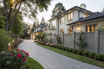 Obraz premium A large house with a white exterior and a green fence