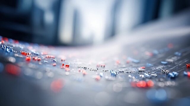 Digital Highway of Data: Abstract close-up of a digital circuit board showcases a dynamic stream of data flowing through its intricate network, representing the modern era of technology.