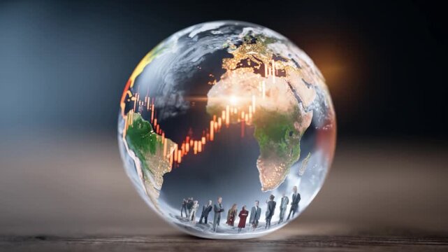 Global Outlook: A thought-provoking illustration merges the earth with a visual representation of the financial market, with tiny figures contemplating market trends and economic prospects