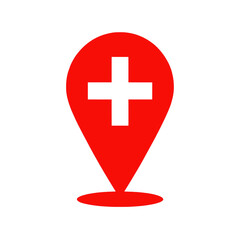 Obraz premium Red location pin icon with white cross symbol.