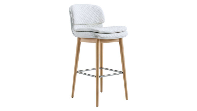 Modern Quilted White Bar Stool with Wooden Legs and Chrome Footrest