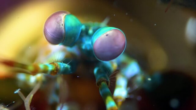 Mantis shrimp guarding pink eggs in reef burrow, macro shot of peacock mantis shrimp with vibrant eyes