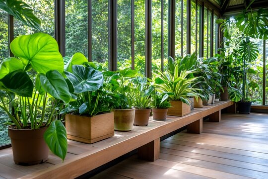 Indoor plants growing in a bright sunroom conservatory