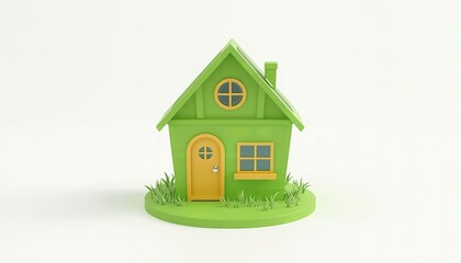 A small green house with a yellow door and window on a grassy patch