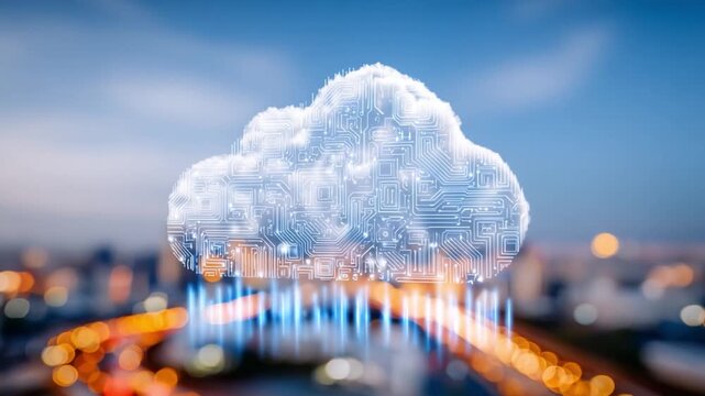 Cloud Computing Concept: A glowing cloud hovers above a cityscape, representing the technological future. Modern computing through a soft focus.
