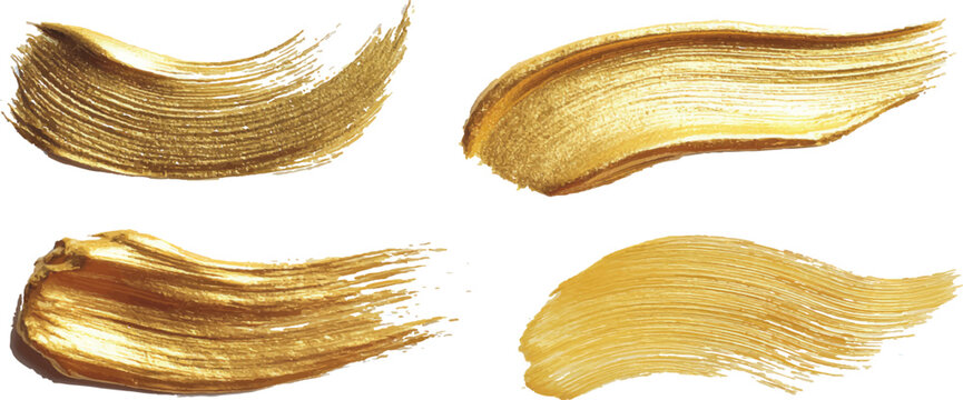 Vector gold paint brush strokes. Collection of golden paint brush strokes isolated on transparent background. Set of gold brush strokes isolated on white background.