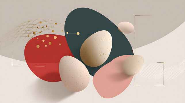 A serene composition of decorative eggs arranged on a minimalist background with abstract shapes and subtle textures