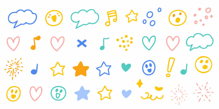 Colorful assortment of whimsical emoji symbols and decorative elements on a white background