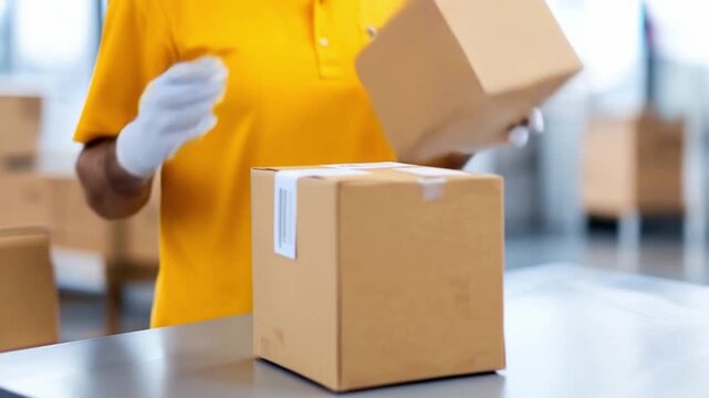 Efficient Packaging Process: A worker meticulously handles cardboard boxes, showcasing the careful process of packing, demonstrating precision and organization.
