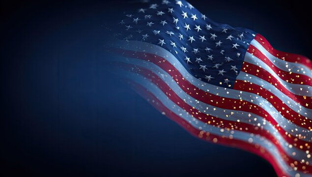 American flag, stars and stripes, waves, deep blue background, glittering golden particles