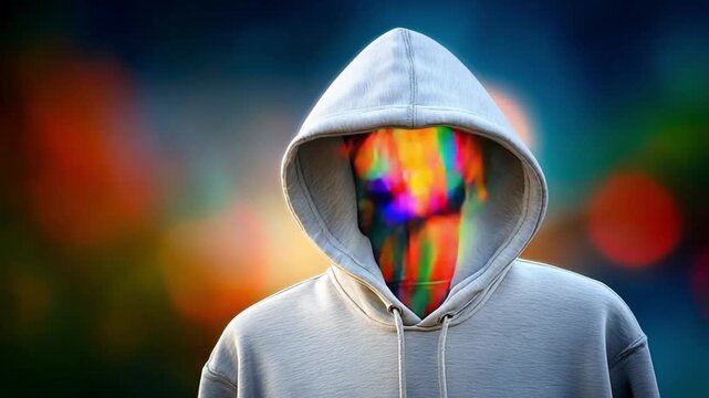 Mysterious hooded figure: A striking visual of a person cloaked in a hoodie, their face replaced with an array of vibrant colors, conveying an air of mystery and artistic expression.