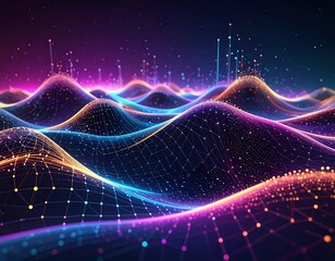 A futuristic digital landscape with vibrant neon-colored waves