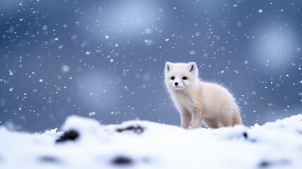 Obraz premium Fur Arctic fox with thick winter fur standing on snowy ground.