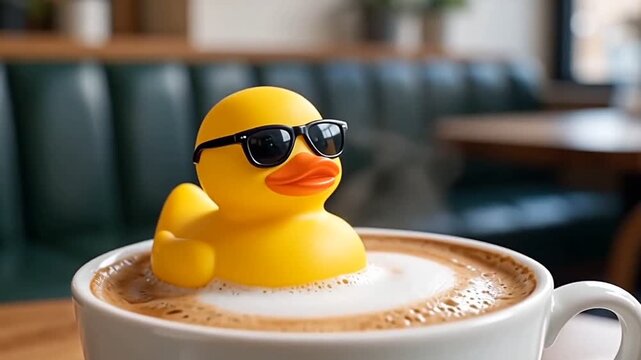 Cool Rubber Duck with Sunglasses Relaxing in Cappuccino Foam