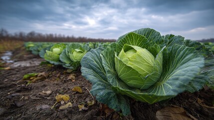 Obraz premium Fresh Green Cabbages Growing in Agricultural Field under Dramatic Cloudy Sky with Earthy Soil and Vibrant Leaves Displaying Nature's Bounty