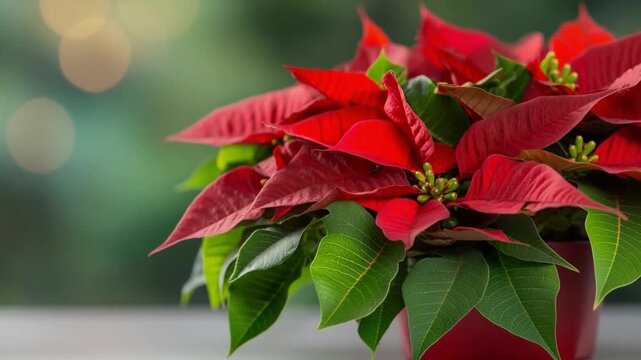 Crimson Poinsettia in Bloom: A vibrant close-up captures the allure of a crimson poinsettia plant, its rich red bracts and lush green leaves creating a stunning display of festive charm.