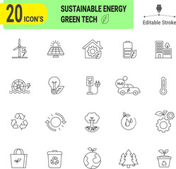 Fototapeta premium Green Technology and Sustainable Energy Icon Set, Outline Icon Style, Editable Stroke.