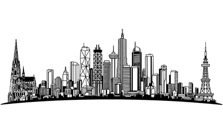 Fototapeta premium Modern city skyline silhouette with skyscrapers and cathedral architecture, design for real estate websites, urban development presentations and travel agency brochures. JPEG version.