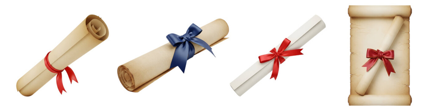 Rolled up parchment scrolls with red and blue ribbons on transparent background