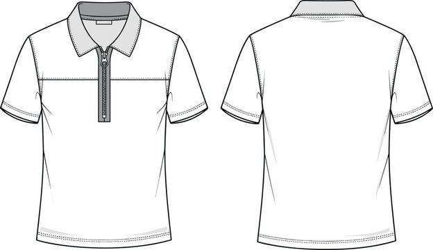 Men's Zip-Up Polo Shirt Technical Fashion Flat Sketch Vector Illustration with Front and Back Views for Apparel Design